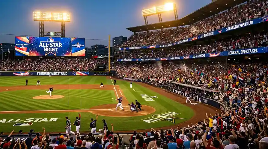 MLB All-Star Game logo met honkbalstadion op de achtergrond