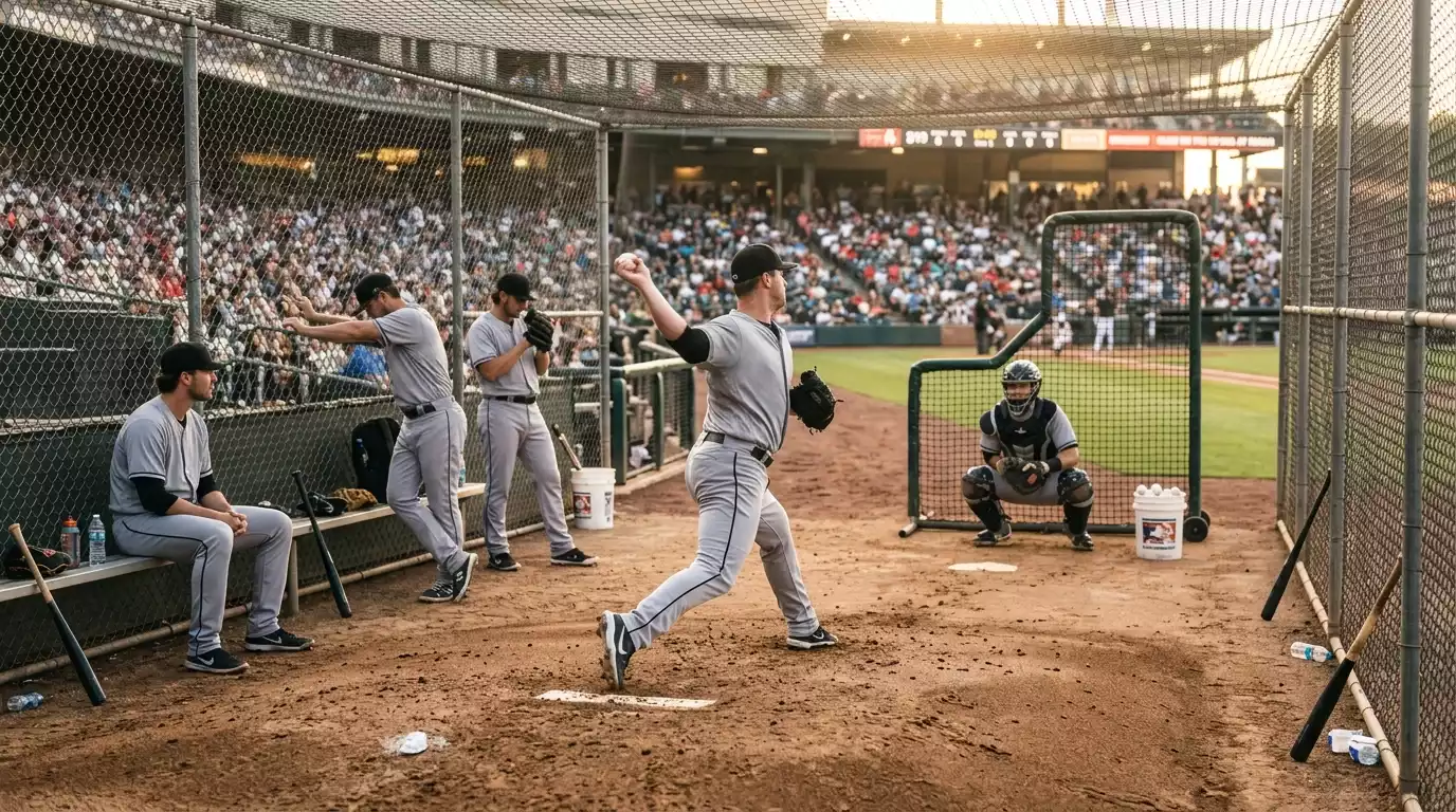 Reliever warmt op in de bullpen terwijl de wedstrijd doorgaat