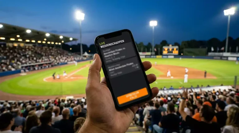 Smartphone met sportwedden-app die cash out optie toont tijdens een honkbalwedstrijd