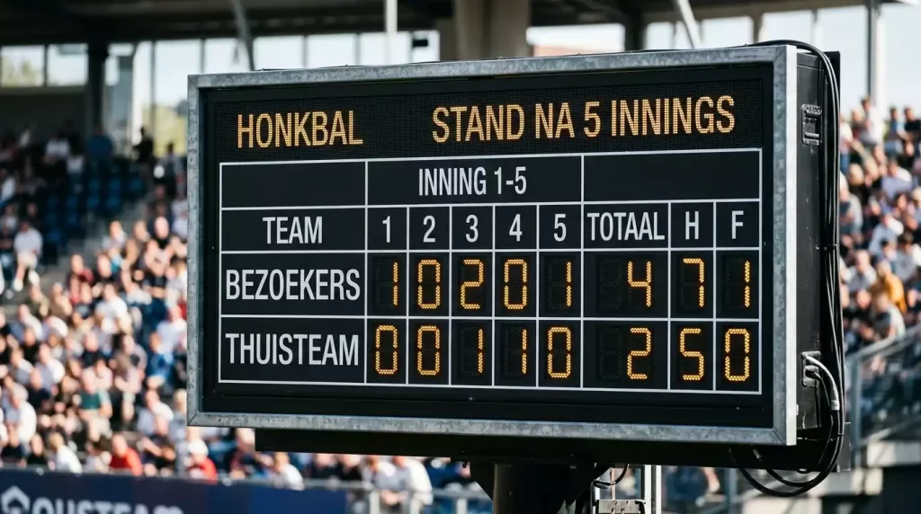 Scorebord na vijf innings van een honkbalwedstrijd