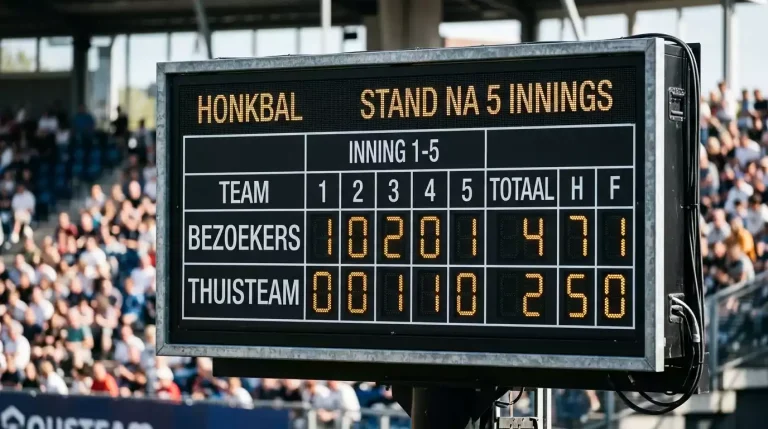 Scorebord na vijf innings van een honkbalwedstrijd