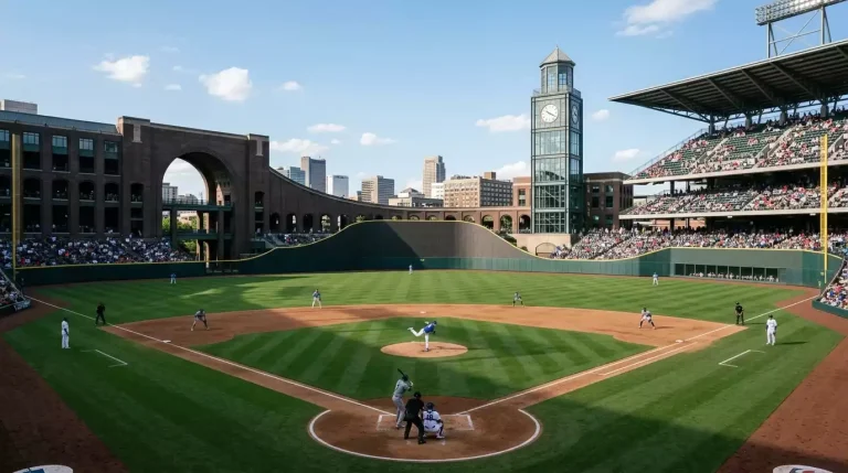Panoramisch uitzicht over een MLB-stadion met unieke dimensies