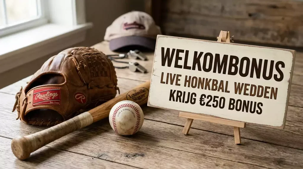 Welkomstbonus banner naast honkbal-equipment