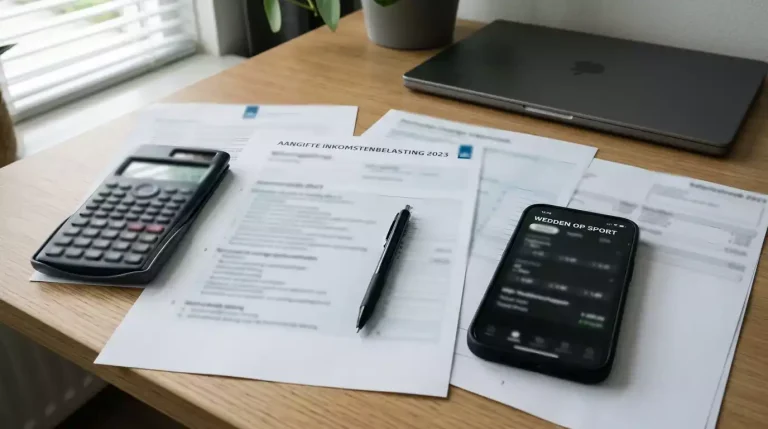 Nederlandse belastingformulieren naast een sportwedden-app op smartphone