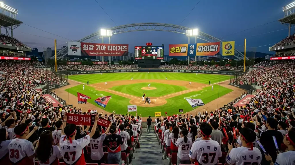 Koreaans honkbalstadion gevuld met fans tijdens een KBO-wedstrijd