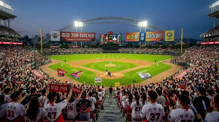 Koreaans honkbalstadion gevuld met fans tijdens een KBO-wedstrijd