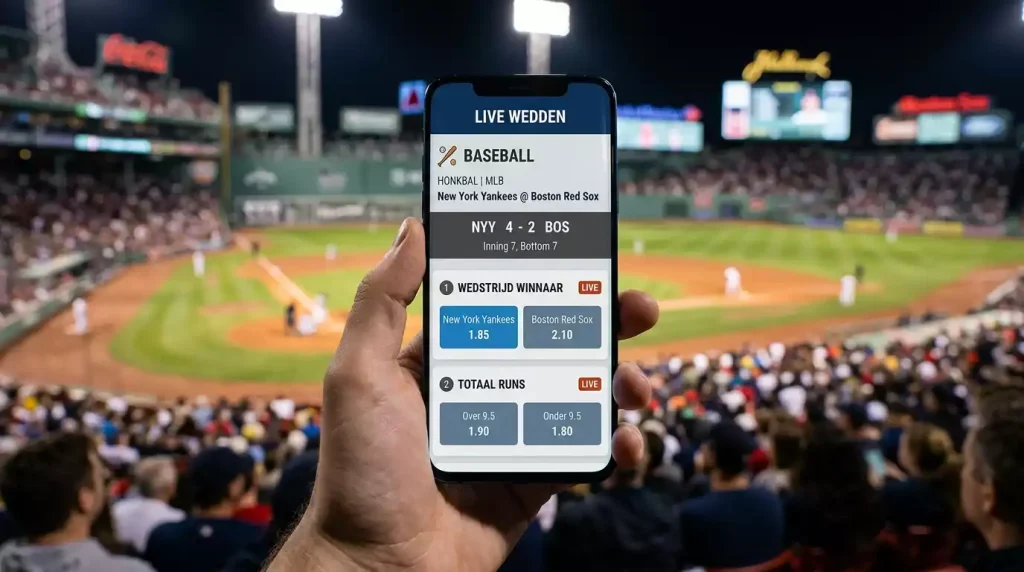 Smartphone met live honkbal wedden app in een stadion setting