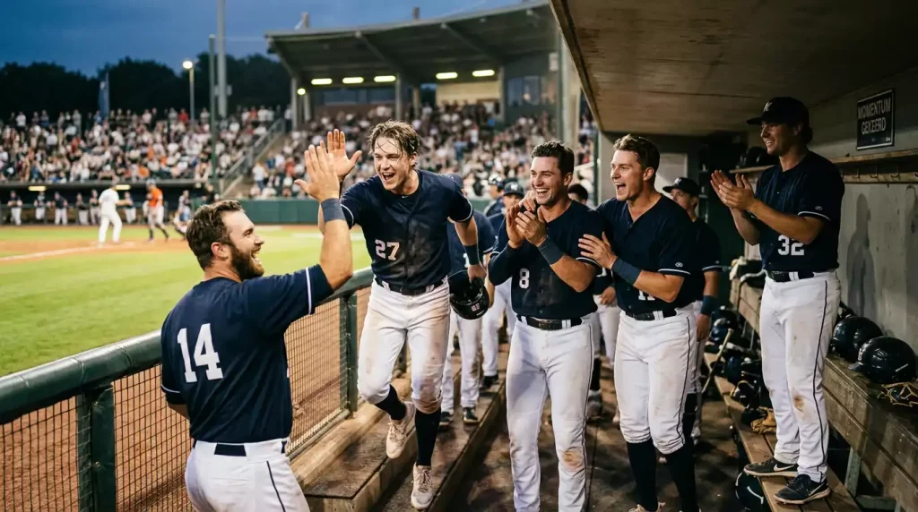 Honkbalspelers juichend in de dugout tijdens een momentum-shift in een MLB-wedstrijd
